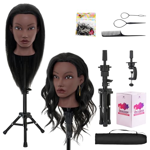 20 Inch Mannequin Head Human Hair with Stand,100% Real Hair Mannequin Head for Braiding,Cosmetology Manikin Doll Head for Styling with Mannequin Head Stand Table Clamp Hair Braiding Set - color: light grey