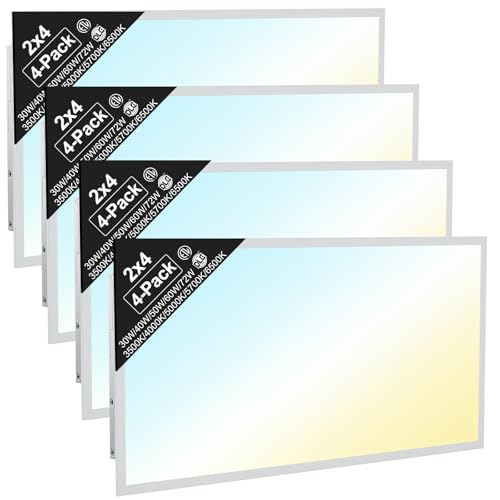 2x4 LED Flat Panel Light, Drop Ceiling Office Fixture, 4-Pack, Selectable Features (30W–72W, 3500K–6500K), 0-10V Dimmable, Back-Lit, DLC & ETL Listed - size: 2x4FT-4pack