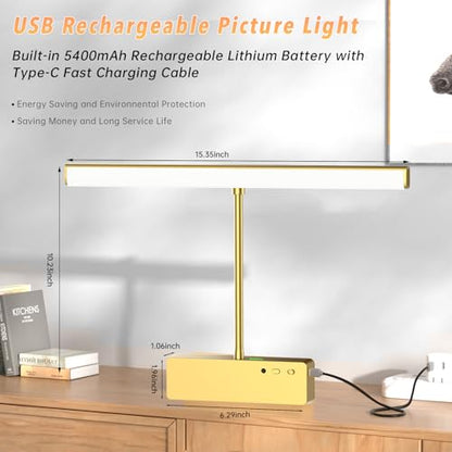 Lightbiz Picture Light, 15.35inch 5400mAh Rechargeable Picture Lights for Wall Battery Operated Wall Lights, 3 Colors Paintings Light Dimmable Art Light for Artwork, Gallery (Gold)