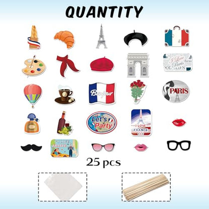25 Pcs France Photo Booth Props Kit, Paris Themed Party Selfie Decorations, Bonjour I Love France Photography Supplies