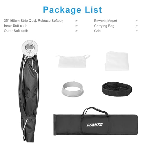 FOMITO 14"x63"/35x160cm Rectangular Softbox, Quick Release Bowens Mount Softbox with Honeycomb Grid, Light Diffusers, Bag for Godox SL-60W SL60IID SL150R SL300R Aputure 120d etc - color: 14*63inch/35*160cm