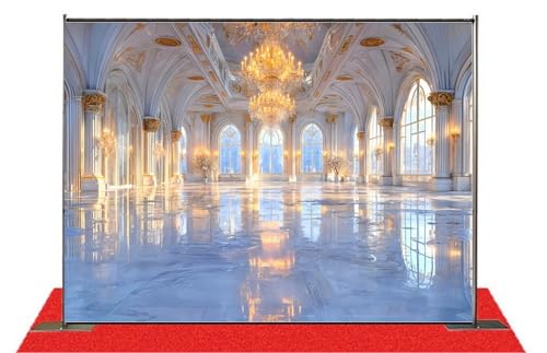 Winter Palace Photography Polyester Backdrop 7x5FT, Elegant Frozen Royal Scene with Crystal Chandelier & Snowy Windows, ICY Blue Tones & Reflected Marble Floor