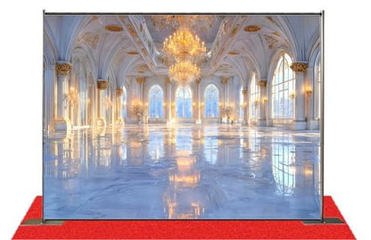 Winter Palace Photography Polyester Backdrop 7x5FT, Elegant Frozen Royal Scene with Crystal Chandelier & Snowy Windows, ICY Blue Tones & Reflected Marble Floor