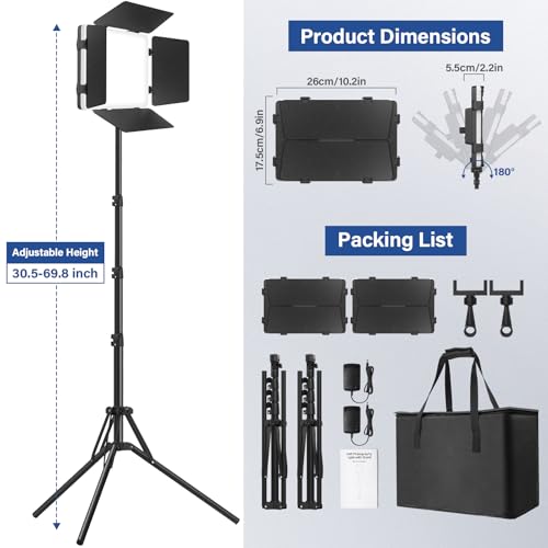 2 Pack Led Video Light Kit with Stand, Kmasic Photography Light Panel Built-in 8000mAh & LCD Display, 2200Lux 2500K-8500K Soft Studio Light for Video Recording Game Live Streaming YouTube TikTok