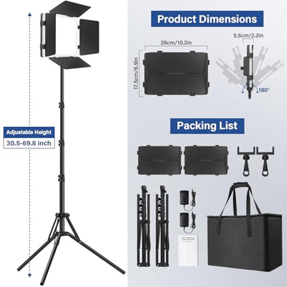 2 Pack Led Video Light Kit with Stand, Kmasic Photography Light Panel Built-in 8000mAh & LCD Display, 2200Lux 2500K-8500K Soft Studio Light for Video Recording Game Live Streaming YouTube TikTok