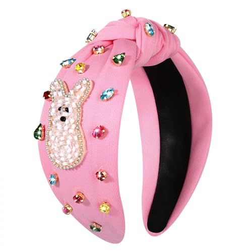 NVENF Easter Headband for Women Beaded Rabbit Bunny Headband White Pink Crystal Pearl Knotted Hairband Happy Easter Hair Accessories Spring Holiday Headwear Outfits Gifts (Bunny A - Pink) - color: Bunny A - Pink