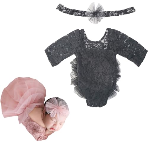 Newborn Photography Outfits Girl Baby Photography Props Lace Romper with Headress Newborn Outfits Girls Photo Props - color: Black