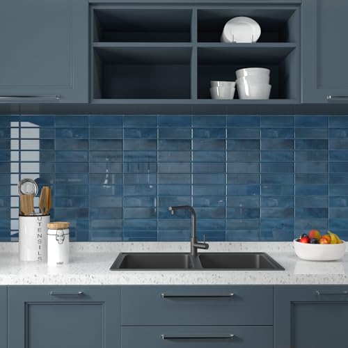 CHIHUT 16 Sheets Blue Rectangular Peel and Stick Backsplash Tile for Kitchen Bathroom 12"X12" 3D Marble Thick Subway Tiles Removable Self Adhesive Back Splash Stick on Tiles for Fireplaces Campers - color: Blue, size: 16 Tiles
