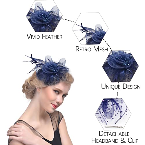 Fascinators Hats with Gloves Set for Women 20s 50s Cocktail Tea Party Wedding Costume Headwear - color: B-navy