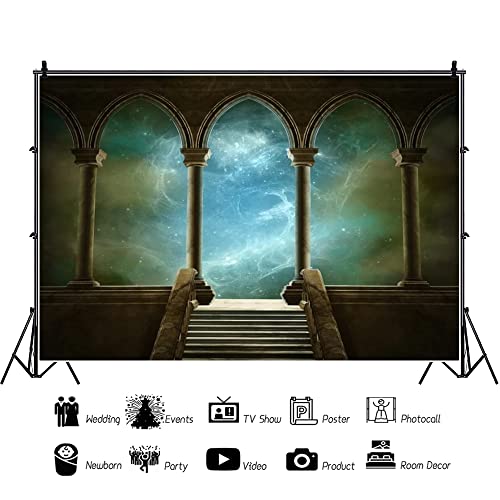 10x8ft Wedding 3D Render Backdrops Fantasy Starry Sky from Ancient Arches Background Mediaeval Gallery Temple Castle Marble Stone Column Staircase Photo Props GBK05955 - size: 10x8ft