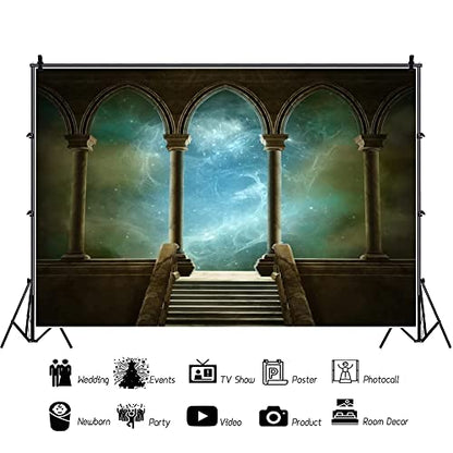 10x8ft Wedding 3D Render Backdrops Fantasy Starry Sky from Ancient Arches Background Mediaeval Gallery Temple Castle Marble Stone Column Staircase Photo Props GBK05955 - size: 10x8ft