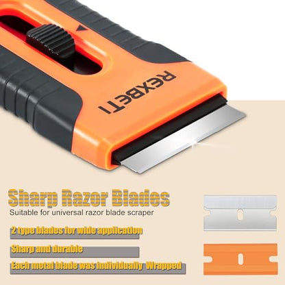 REXBETI Razor Blade Scraper Tool, 4 Pack Razor Scraper Set with Extra 120Pcs Razor Blades- 40Pcs Metal and 80Pcs Plastic Blades, Cleaning Scraper Tool, Cooktop Scraper, Paint Scraper, Glass Scraper - style: Original 4 Pack