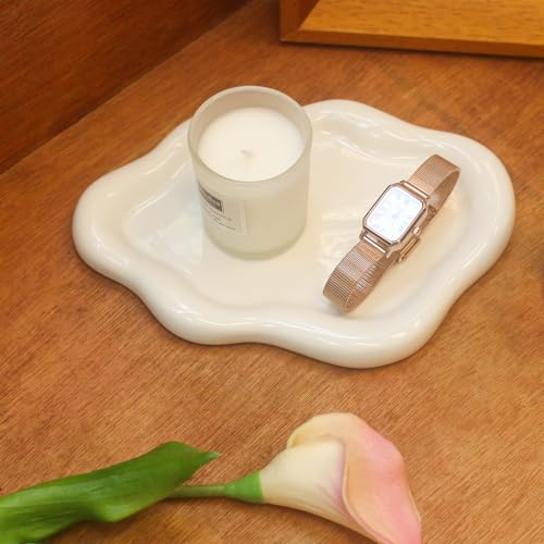 CCINPPY Ceramic Jewelry Tray Trinket Dish, Decorative Cloud Vanity Key Tray for Women, Ring Holder Dish, Cute Jewelry Plate Bowl Room Decor Aesthetic, White, Large - color: White, size: 10.2" x 6.3" x 0.6"