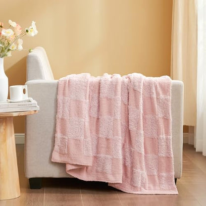 Snuggle Sac Checkered Throw Blanket,Fluffy Faux Fur Knitted with Soft Microfiber Warm Throw Blankets for Couch, Sofa, Chair, Bed, Camping, Picnic, Travel, Solid Pink, 50x60 inches - color: Solid Pink, size: Throw(50"x60")