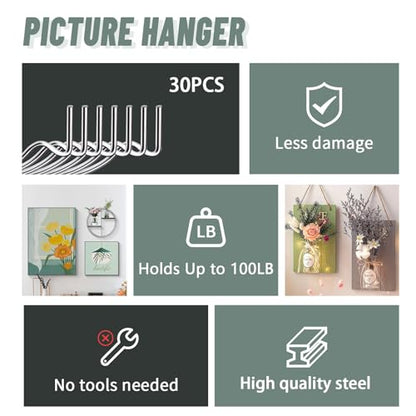 Super Hooks Picture Hanger,Gorilla Hooks - Hang Art, Clock, Shelves, Mirrors, Frames, or Planters for Home and Office Decorations-30pcs - style: Silver