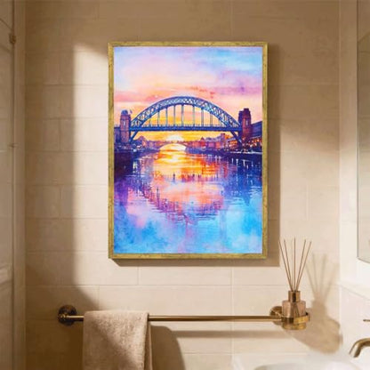 Framed Bridge Sunset Cityscape Canvas Print Modern Contemporary Wall Art Poster Painting Pictures Stunning Wall Decor for Living Room Bedroom Office Home Decoration (12L x16W,Gold Framed) - size: 12L"x16W"