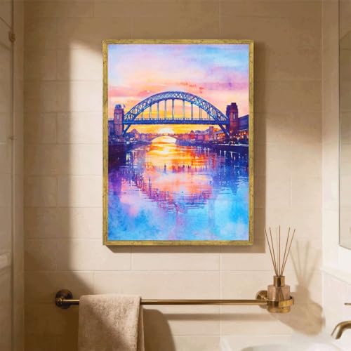 Framed Bridge Sunset Cityscape Canvas Print Modern Contemporary Wall Art Poster Painting Pictures Stunning Wall Decor for Living Room Bedroom Office Home Decoration (16L x24W,Gold Framed) - size: 16l"x24w"