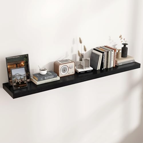 Venusmiles Floating Shelves for Wall, Engineered Wood Wall Shelves with Invisible Brackets for Living Room Bedroom Bathroom Office Kitchen Decor and Storage (Black, 55" W x 9" D x 1.5" H) Set of 1 - color: Cool Black, size: 55"W, Set of 1