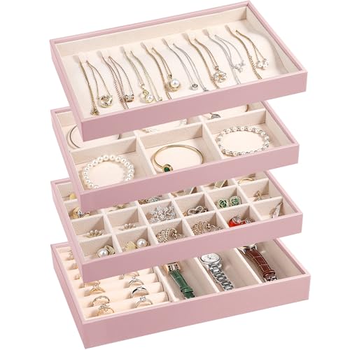 LANDICI Stackable Jewelry Organizer Trays 4 Set,PU Leather Jewelry Organizer Drawer,Jewelry Storage Display Tray for Earring Necklace Rings Bracelet with Removable Dividers,Rose Gold - color: Rose Gold