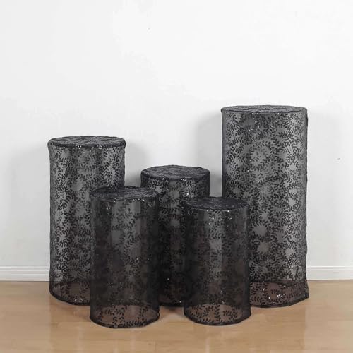 Efavormart Set of 5 Black Sequin Mesh Cylinder Display Box Stand Covers with Leaf Vine Embroidery, Sparkly Sheer Tulle Pedestal Pillar Prop Covers - color: Black, size: Sequin Mesh Cylinder Covers - Leaf Pattern