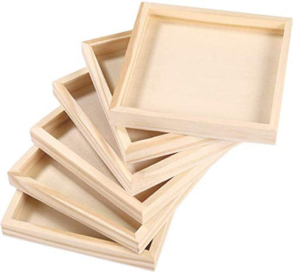 6pcs Unfinished Art Wood Tray Craft Painting Wood Panel Boards Square Montessori Tray Wooden Canvas Boards with Frame for Home Decor and Craft Projects - Painting Puzzle Blocks for Kids, 4.7"