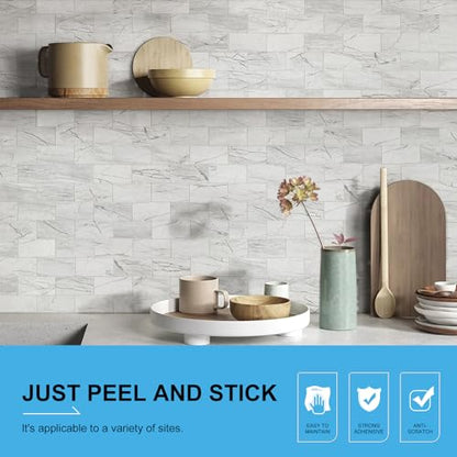 Peel and Stick Backsplash, 20-Sheet Peel and Stick Wall Tiles 13.5" x 5.8" PVC Subway Tile Stick on Backsplash for Kitchen Fireplace (Jazz White Marble) - color: Jazz White Marble