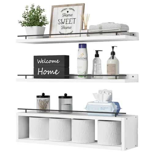 WOPITUES Floating Shelves for Wall 24 inch with Cube Shelf, Wall Shelves with Metal Rail for Bathroom Decor, Bathroom Organizers and Storage, Over Toilet Shelves, Toilet Paper-White - color: White, size: 23.6 inch