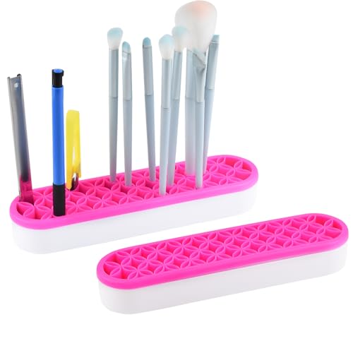 2 PCS Multi-Purpose Cosmetic Storage Box, Desktop Organizers Silicone Make Up Brush Storage Stand Desktop Storage Box for Brush,Pencil,Art Supplies (Rose Pink) - color: Rose Pink