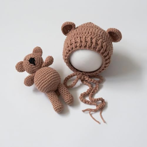 Zeroest Newborn Baby Boy Girl Photography Props Bear Hat Outfits Crochet Kint Handmade Cap Set for Newborn Photo Shoot - color: Camel