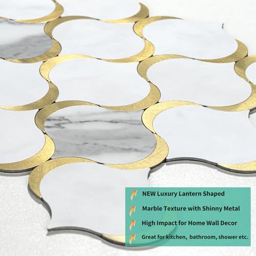 10 Sheet Arabesque Peel and Stick Backsplash Tile, Stick on Backsplash for Kitchen and Bathroom Wall, Marble White Look PVC Mixed Metal Gold - color: Marble White Mixed Metal Gold