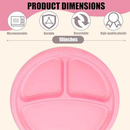 Umigy 100 Pcs 10 Inch 3 Compartments Divided Plastic Plates Bulk Colorful Disposable Heavy Duty Round Dinnerware for Party Valentine Wedding Birthday(Pink) - color: Pink