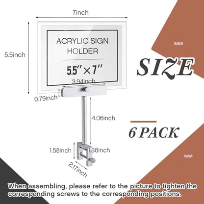 FoldTier 6 Set 5.5 x 7 Inch Clothing Rack Sign Holder Aluminum Alloy Retail Sign Holder with Clamp Acrylic Frame for Retail Stores Price Card Display(Silver) - color: Silver