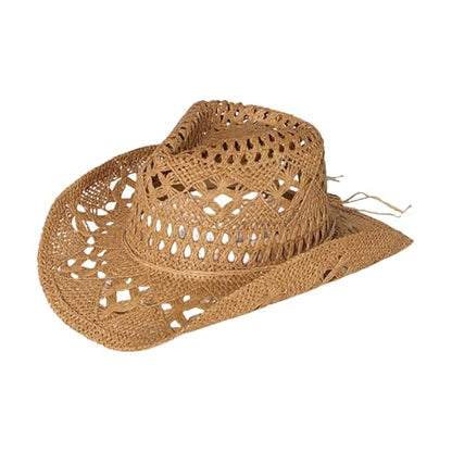 Straw Cowboy Hats Ventilated Hollow Round Foldable Sun Hats for Women Summer Western Cowgirl Beach Hat Photo Prop - color: Khaki