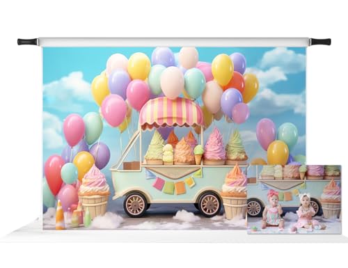Kate 7x5ft Summer Ice Cream Car Backdrop for Photography Colorful Balloons Cake Smash Blue Sky Birthday Party Background for Kids Photo Props - size: 7x5ft