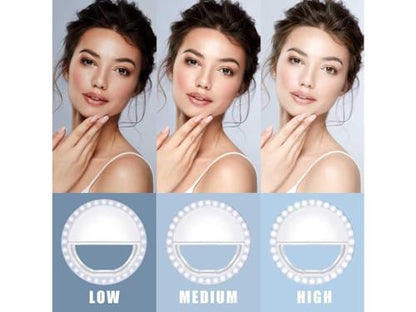 Selfie Ring Light for iPhone, Android, Tablet - Rechargeable Clip-on 3 Light Levels