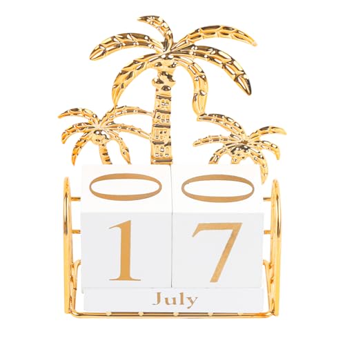 1 Set Wooden Block Calendar Vintage Perpetual Calendar Gold Month Date Palm Tree Golden for Desk Decor Home Office - color: Palm Tree