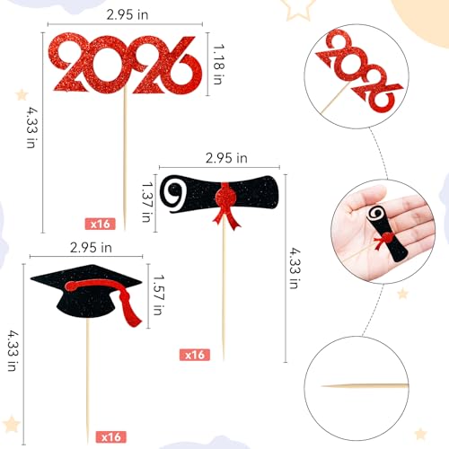 Pre-Assembled Graduation Cupcake Toppers 48 PCS, Class of 2026 Mini Cake Decorations Grad Cap & Diploma, Food & Appetizer Picks for Graduation Party - color: Red