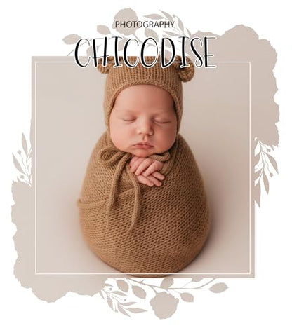 Baby Photography Props Infant Boy Girl Outfits - Crochet Knit Mohair Wrap Blanket & Bear Hat for Newborn Photo Shoots (Khaki) - color: Khaki