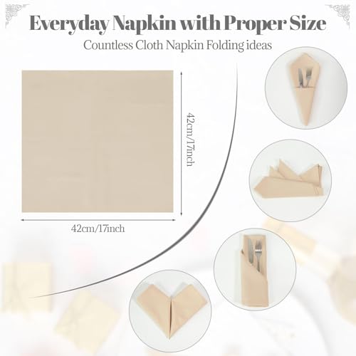 PLOYMONO Beige Heavy Duty Polyester Napkins - 17 x 17 Inch Solid Washable Cloth Dinner Napkins - Set of 8 Napkins with Hemmed Edges - Great for Weddings, Parties, Banquets Dinner & More - color: Beige