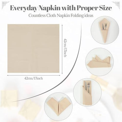 PLOYMONO Beige Heavy Duty Polyester Napkins - 17 x 17 Inch Solid Washable Cloth Dinner Napkins - Set of 8 Napkins with Hemmed Edges - Great for Weddings, Parties, Banquets Dinner & More - color: Beige