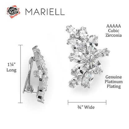 Mariell Clip-On Cubic Zirconia Crystal Bridal Earrings, Marquise Shape CZ Curved Clusters, Women Earrings for Wedding, Bridesmaids, Homecoming, Mother of the Bride - color: Silver Clip On