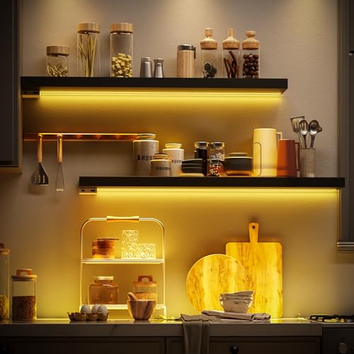 BAMEOS Floating Shelves with RGB LED, 31" Wall Mounted Wooden Shelves with Invisible Brackets, Set of 2, Hanging Wall Shelves for Bedroom, Bathroom, Living Room and Kitchen (Black) - color: Black-rgb, size: 31 x 7