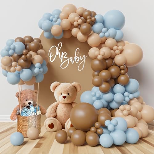 ECEAE Bear theme Balloon Arch Kit Light Blue beige Tan and Brown Globos cream Ballon garland for Baby Shower Boy Decorations Gender Reveal Party Woodland Backdrop Supplies - color: Blue