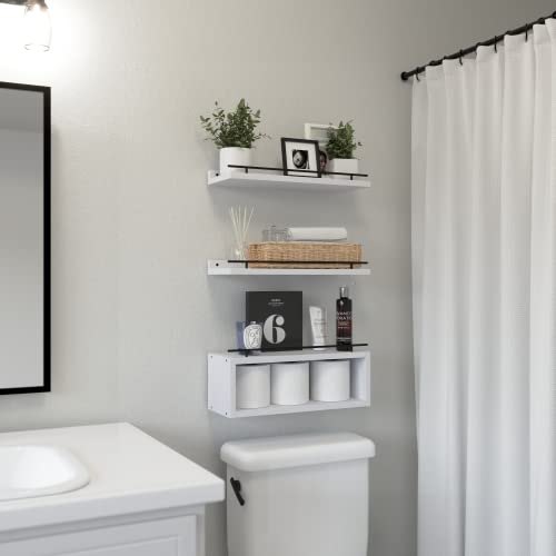 WOPITUES Floating Shelves for Wall with Cube Shelf, Wall Shelves with Metal Rail for Decor, Bathroom Organizers and Storage, Over Toilet Shelves for Bathroom, Toilet Paper-White - color: White, size: 15.7 inch