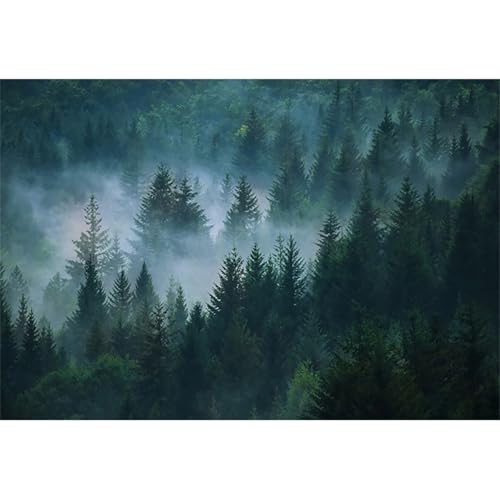 10x8ft Dark Foggy Forest Backdrop Enchanted Forest Old Trees Landscape Green Leaves Fog Nature Background Picture for Birthday Party Decorations Portrait Photo Studio Props - color: Green B, size: 10x8ft