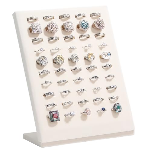Ring Display Stand, Velvet Ring Holder, 50 Slots Rings Organizer Jewelry Display Tray, L-Shaped Jewelry Organizer Stand for Rings Earrings Selling (2, Beige) - color: Beige