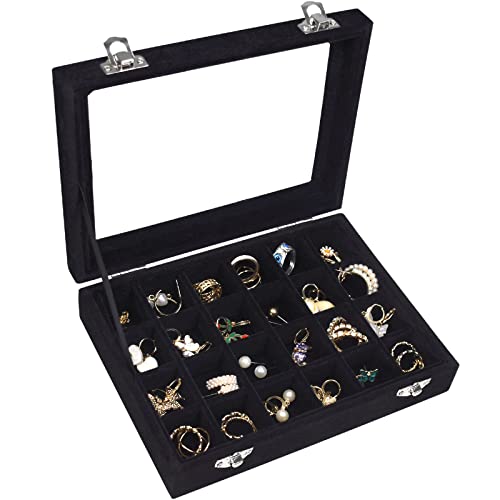 Vicoter Velvet Jewelry Box 24 Grid Jewelry Ring Display Organiser Box Tray Holder Earrings Storage Case for Girls Wife Mom Women (Black) - color: Black