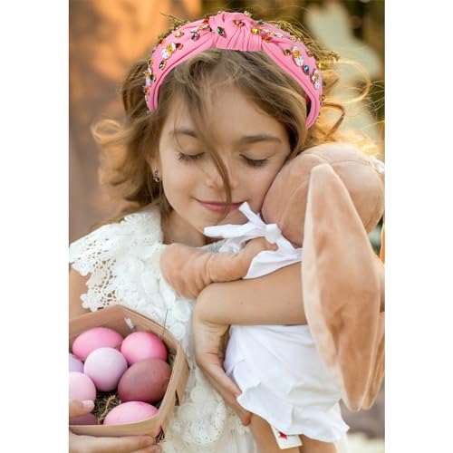 boderier Easter Headbands for Women Girls Easter Egg Headband Crystal Jewel Embellished Wide Knotted Headband Spring Holiday Easter Accessories (Cute Egg-Pink)