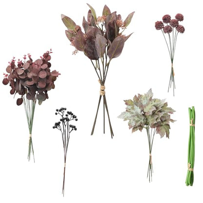 Floroom Artificial Greenery Stems Box Set, 36pcs with 5 Kinds of Faux Greenery Flowers Picks for DIY Bridal Bouquets Wedding Floral Arrangement Table Centerpieces, Burgundy & Mauve - color: Burgundy & Mauve