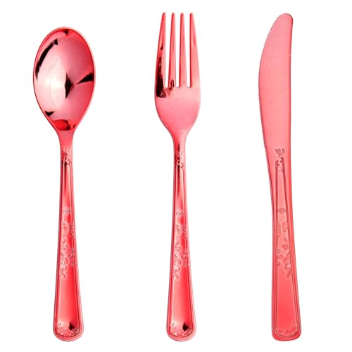 180 Pack Disposable Rose Red Plastic Silverware Contain 60 Forks,60 Spoons,60 Knives, Solid and Durable Plastic Cutlery Utensils Set Perfect for Parties,weddings. - color: Rose